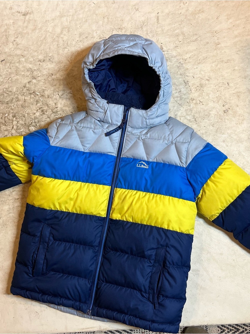 L.L. Bean Kids' Colorblock Puffer Jacket in Gray, Blue & Yellow